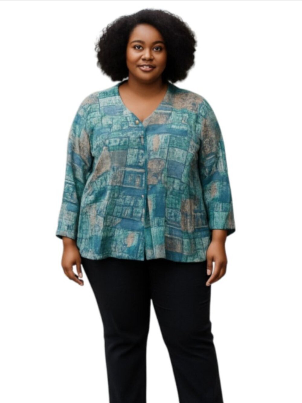Islander Plus Size 1X Blue Patchwork Blouse Button-up Roll-tab Sleeves Coastal
